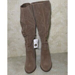 Womens Tan Faux Suede Knee-High Slouch Boots Block Heel Side Zip Boho Western